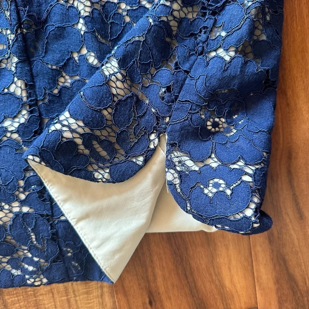 Vince Camuto Navy Lace Tan Lined 3/4 Sleeved Tie Sleeved Scoop Neck Dress size 6 - Picture 5 of 7